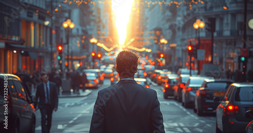 Man in suit walking towards sunset on busy city street with cars and urban lights.