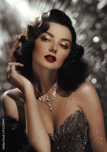 glamorous actress starlet in silver and diamonds old hollywood style headshot vintage style photo