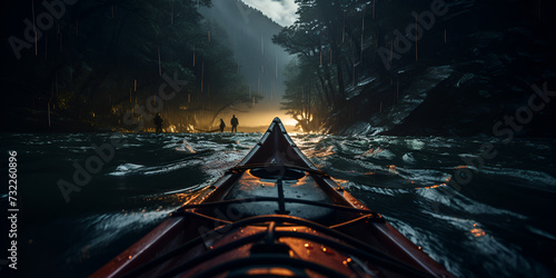 A man sitting in a canoe in the river,Nightlife Adventure,