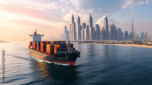Aerial view container cargo ship, import export commerce business trade logistic and transportation of International by container cargo ship boat in the open sea, Freight shipping maritime.