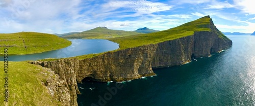 Landscape panorama Sorvagsvatn lake on cliffs of Vagar island, Faroe Islands, Denmark. Lake above the ocean. a lake on the edge of an abyss. Hiking and travel concept.