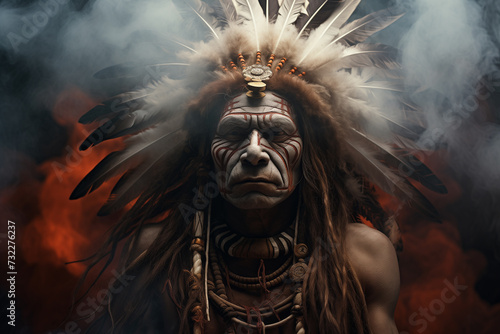 Indian shaman portrait while smoking a pipe, engulfed in smoke and spiritual mood, dark background atmosphere, vibrant colors. Ai generated