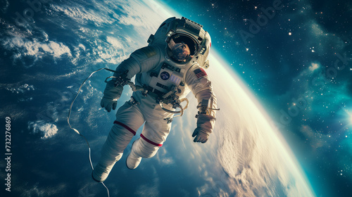 stock image of a spacewalk, astronaut tethered to a spacecraft with Earth reflecting off the visor, symbolizing exploration