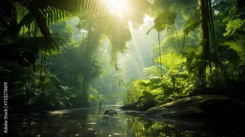 Dreamy tropical landscape with rainforest. Banner with greenery and copy space for your text. Bali style template for your design, exotic photo with green palm leaves and atmospheric sunlight rays. 