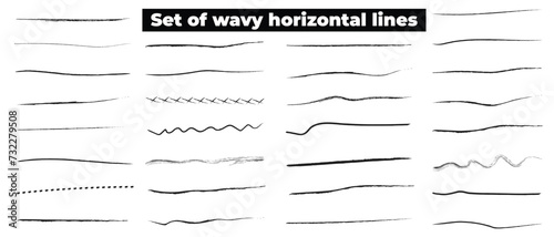 Set of wavy horizontal lines. Marker hand-drawn line border set and scribble design elements. Lines hand drawn paint brush stroke. Vector set isolated on white. Hand drawn scribble. Black 5 8 9