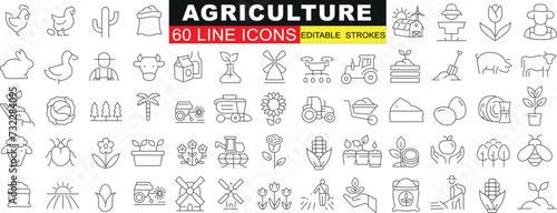 Agriculture, 60 line icons, editable strokes, farm, plants, tools, gardening. Perfect for web design, mobile app. Clear visuals for agricultural topics