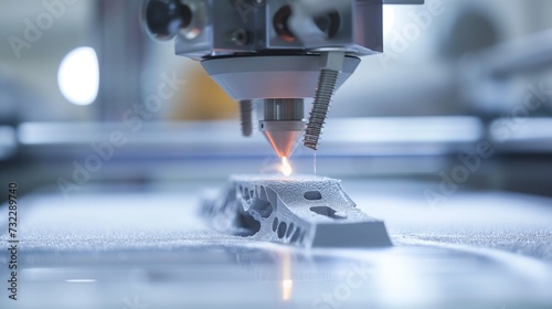 Close-up of a 3D printing process using Direct Metal Laser Sintering to fabricate a detailed metal mechanical part with advanced manufacturing technology.