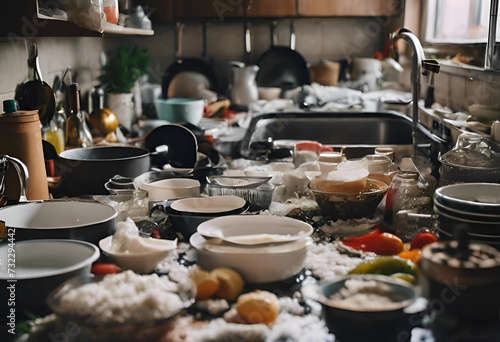 Compulsive Hoarding Syndrom - messy kitchen with pile of dirty dishes