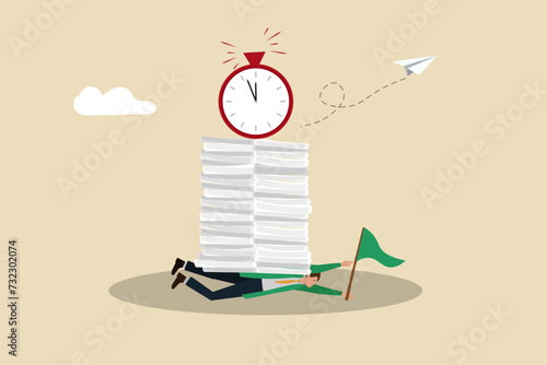 Too much work pressure, fatigue and burnout under the burden of assigned tasks and duties, overtime, the businessman is being crushed under a mountain of duties on possible deadlines.