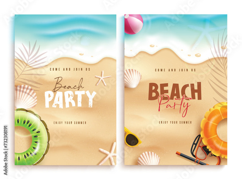 Summer beach party text vector poster set design. Summer party invitation card collection with seashells and floaters beach elements in seashore sand background. Vector illustration summer party 