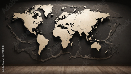 Crumbling globalization. A world map or the contents on a crumbling concert wall, of a dark and dim room. .
