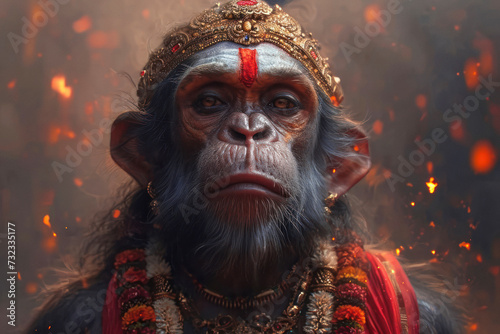 Happy Hanuman Jayanti Concept. Hindu God Hanuman extreme closeup. Generative AI