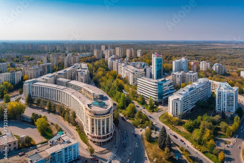 aerial drone photo shows the downtown panorama of Chisinau, showing several buildings and roads