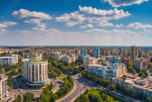 aerial drone photo shows the downtown panorama of Chisinau, showing several buildings and roads