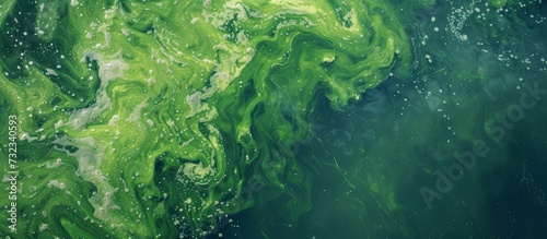 A natural landscape of water with a close-up of green algae, an aquatic plant, floating on the liquid surface.