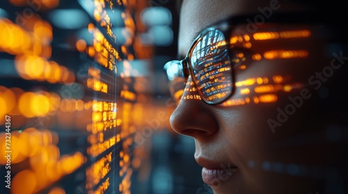 Women in glasses reading html scripts, programming and cyber security research, plus data analytics and holograms of data. A coding or IT person in glasses is reading html scripts, programming and