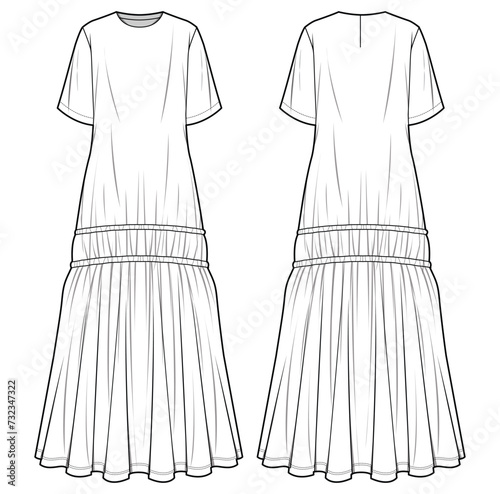 Women Short sleeve Prairie dress design flat sketch fashion illustration with front and back view, Tiered maxi dress flat sketch template