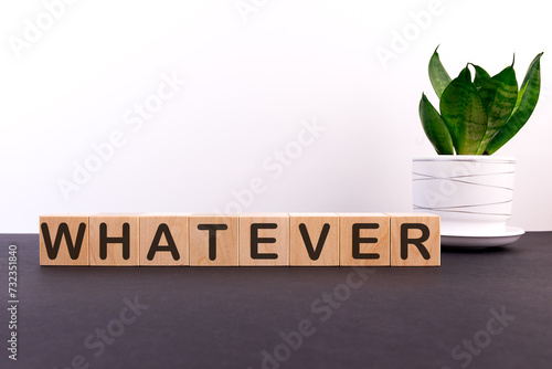 WHATEVER word made with building blocks on a light background
