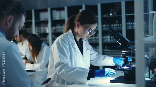 Medium shot of male laboratory worker wearing medical uniform and gloves looking through microscope during data analysis, female coworker using computer in blurred foreground