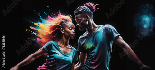 Young black woman and man dancing. The rhythm of the music