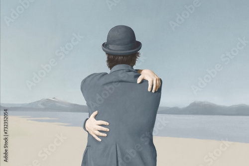 Illustration of man hugging himself, self love abstract concept