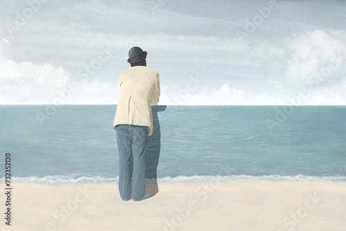 Illustration of man looking beyond the sea, surreal optical illusion perception conceptual