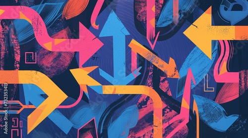 An artistic digital rendering featuring a collection of arrows pointing in various directions, symbolizing the complexity and multitude of choices involved in the decision-making process.