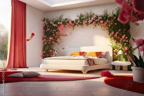 White interior design room house, with all stuff are white and red flower,bed decoration.