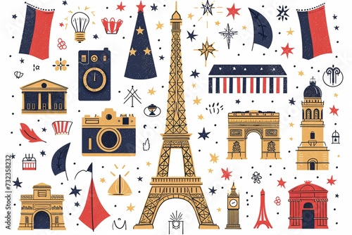 Adorable French-themed illustration set featuring the tricolor.