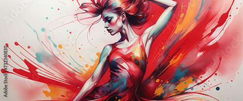 Young girl dancing. Ecstasy, red tones