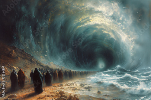 Exodus of the bible, Moses splits the red sea and crosses with the Israelites the water, escape from the Egyptians 