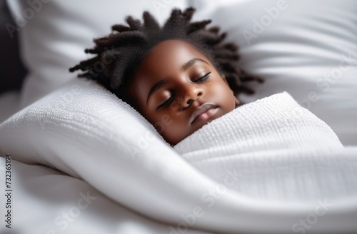 Cute little baby sleeping in bed,dark skin, boy covered with blanket,sweet baby sleep, afro hairstyle