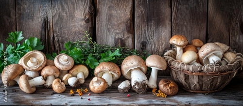 Variety of mushrooms on table: plant art food