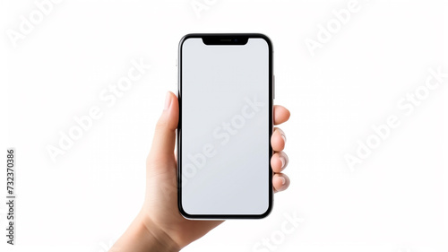 female hand holds a blank smartphone on isolated white background