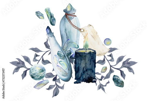 Hand drawn watercolor illustration sea witch altar objects. Glass vial jar blank tag, precious stones, burning candle algae leaves. Composition isolated on white background. Design print, shop, magic