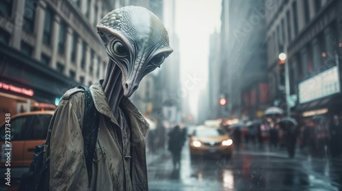 Spooky creepy green alien in human clothes on a city street. The invader spy stranger among us.