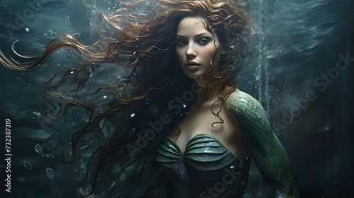 Portrait of a beautiful mermaid siren of the sea. The mermaid swimming underwater in the deep blue sea. Fantasy woman real mermaid. Myth mystic magic fairy tale concept.