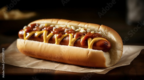 AI generated illustration of a hotdog with ketchup, mustard and caramelised onions