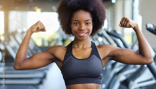 Fit woman with flexing muscles in gym