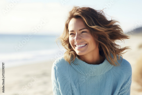 Woman enjoying breeze on sunny beach. Serenity and relaxation.