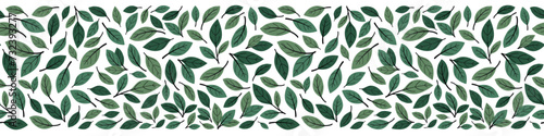 Green hand drawn tea leaves horizontal seamless border. Design for banner. Isolated on white background.