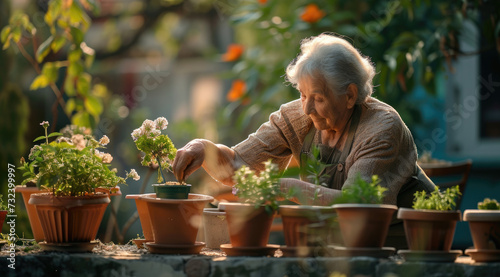 The old woman is taking care of the plants in the garden