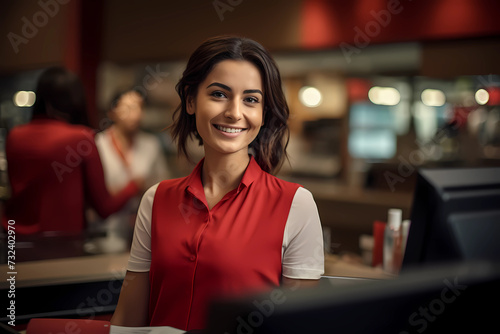 Smiling, young and attractive saleswoman, cashier serving customers.