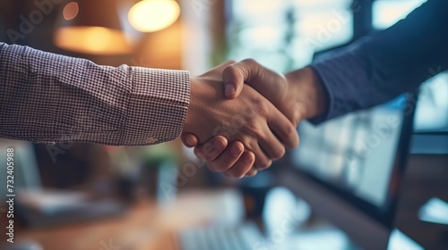 Close-up of two businessmen shaking hands firmly in an office, a gesture that signifies the finalization of an agreement or partnership.