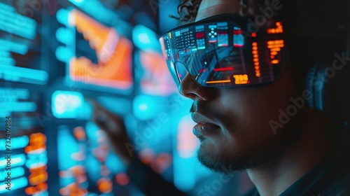 A technician wearing augmented reality glasses fine-tunes a complex data analytics display, immersed in a network of virtual information.