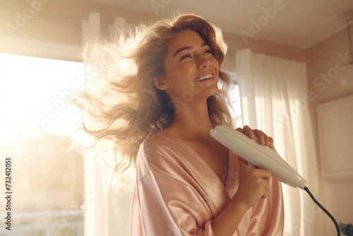 A woman using a hair dryer to dry her hair. Perfect for beauty and hairstyling concepts