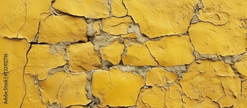 A detailed view of a cracked yellow stone wall, showcasing its texture and pattern.
