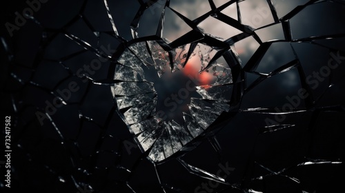 A broken mirror with a red ball inside. Can be used to symbolize shattered dreams or a lost opportunity