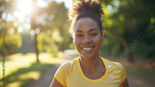 A close-up of a smiling plus-sized afro american woman enjoying a morning jog in a picturesque park, fat woman running, The concept of weight loss by spring