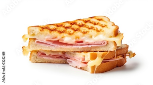 A halved ham and cheese sandwich, perfect for a quick and tasty meal. Can be used in various food-related designs